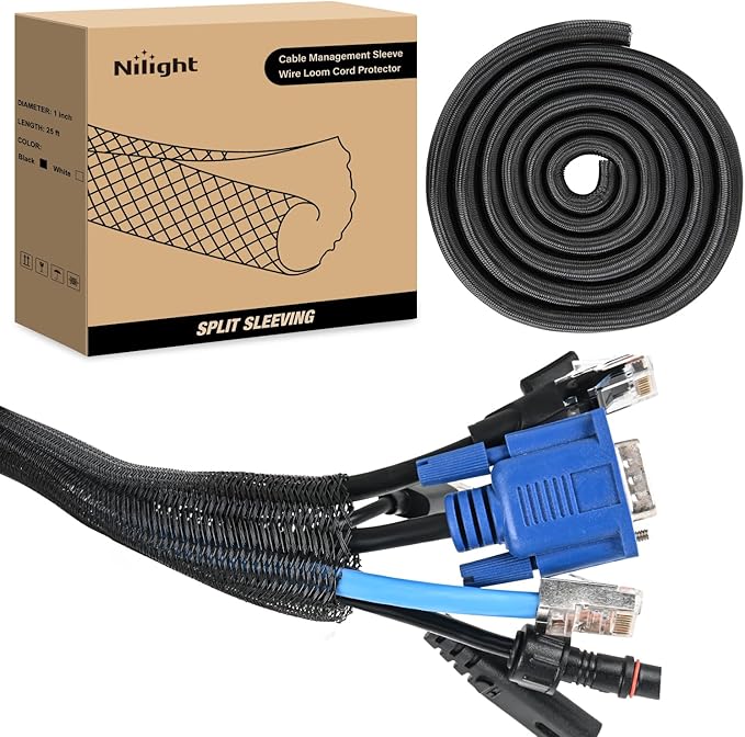 Nilight Cable Sleeve, 25ft-1inch Cord Management Sleeves, Braided Sleeving, Split Self Wrapping Wire Loom for Computer Electrical Automotive Harness Protector Organizer, Black