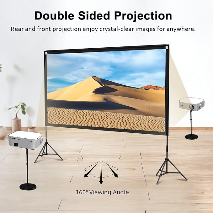Projector Screen with Stand, Wootfairy 120 inch Portable and Foldable Indoor Outdoor Projection Screen 16:9 4K HD Rear Front Wrinkle-Free Movie Screen with Carry Bag for Home Theater Backyard Cinema