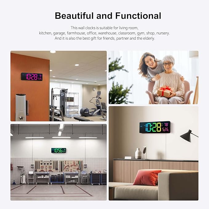 Digital Wall Clock 16", Wall Clocks with 11 RGB Colors, Alarm Clock with Night Lights, Large Digital Clock for Living Room Bedroom Office Classroom Decor, Auto DST, Temperature, Remote Control