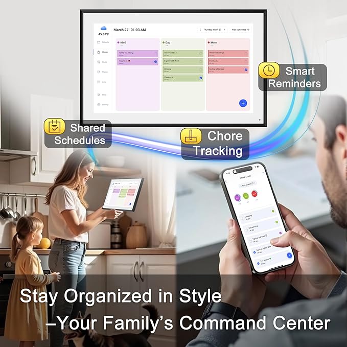 10.1 Inch Smart Digital Calendar & Chore Chart Full HD Touchscreen Display WiFi Sync Electronic Planner for Family Schedules Includes Desk Stand Streamline Home Organization Gift for mother mom women