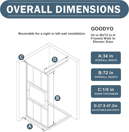 Goodyo 34” X 72” Glass Shower Door Fixed Framed Shower Screen Tempered Glass Panel for Walk-in Shower Room, Grid Pattern, Middle Frosted Glass, 3-Pieces Glass, Matte Black Finish