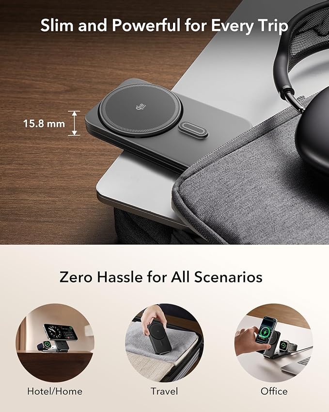 ESR 3 in 1 Charging Station for Apple, Qi2.2 25W MagSafe Charger with CryoBoost, Phone-Cooling Wireless Charging Station Foldable, for iPhone 17/16 with iOS 26(50W Adapter), AirPods, Apple Watch,Black