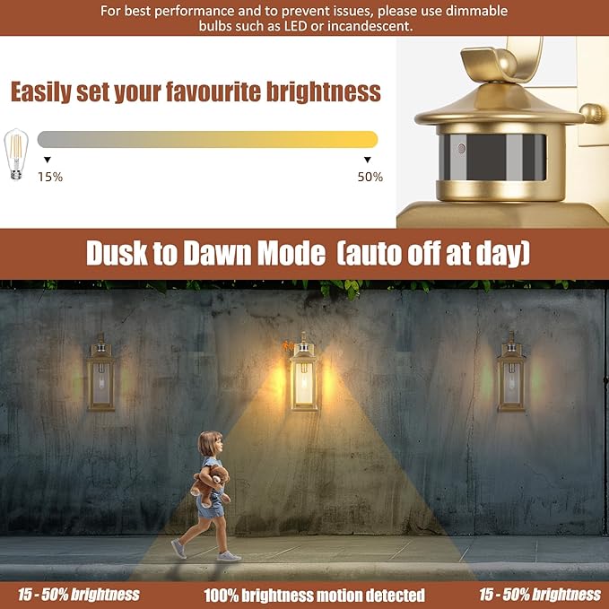 Roravilila 2-Pack Gold Dusk to Dawn Motion Sensor Lights 18 Inch, Large Outdoor Light Fixtures IP65 Waterproof Anti-Rust Brass Outside Lights for House Photocell Modern Exterior Lanterns Wall Mounted