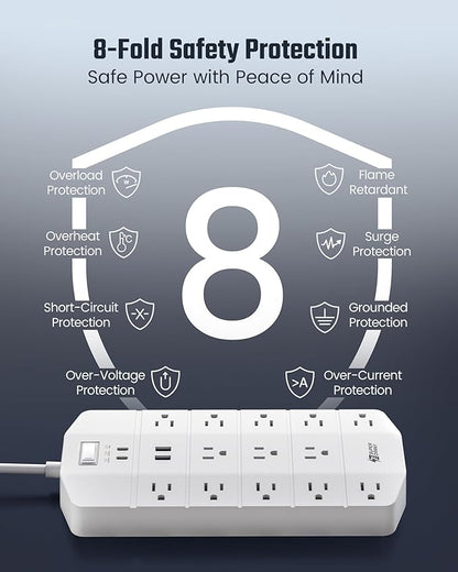 Power Strip,SUPERDANNY 5000 Joules Surge Protector with 13 AC Outlets 2 USB-A & 2 USB-C PD 20W Fast Charging Heavy Duty 14AWG/3C Industrial Grade 6ft Extension Cord for Workbench Home Office White