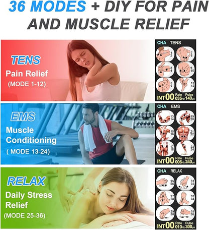 TENS EMS Unit Muscle Stimulator for Pain Relief Therapy - 4 in 1 TENS & EMS & Relax & Custom Frequency+Pulse - Muscle Massager 36 Modes 20 Intensity, Memory & Favorites Function, 3.8" Color Display