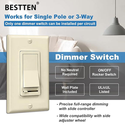 BESTTEN 10 Pack Almond Dimmer Light Switch, 3 Way or Single Pole Dimmer Switches, for Dimmable LED, Halogen and Incandescent Bulbs, 120V, Decorator Wall Plate Included, UL Listed
