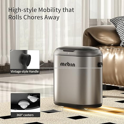 MRBIN Automatic Adsorption Metal Trash Can for Bathroom, Touchless Garbage Bin with Lid, 3.2 Gallon Slim Trash Can for Office and Bedroom, Electric Motion Sensor Waste Basket, Eclipse Grey