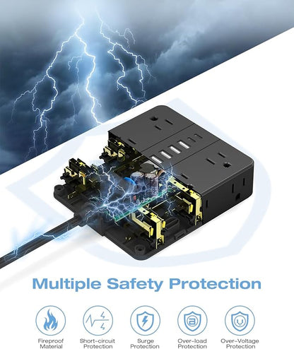 AOFO 20FT Surge Protector Power Strip,12 AC Outlets with 6 USB Ports (2 USB-C), Flat Plug Extension Cord with Multiple Outlets, Wall Mount for Home Office,Dorm,Black