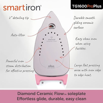 oliso TG1600 ProPlus Smart Iron with Auto-Lift – 1800 Watt Steam Iron for Clothes, Sewing, Quilting & Crafting – Diamond Ceramic-Flow Soleplate, Rosé