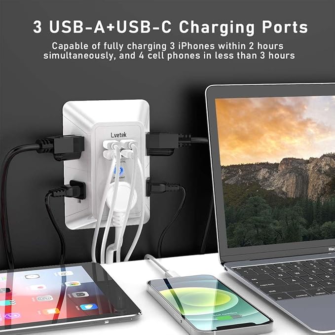 5 Outlet Extender Multi Plug Wall Outlets with 4 USB Charging Ports (1 USB C Outlet), 3 Sided 1680J Surge Protector Power Strip USB Wall Charger for Home, Office, Travel, ETL Listed, White