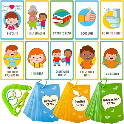QUOKKA Autism Learning Materials - 94 Communication Cards for Kids - Visual Cards for Non-Verbal Communication, Pictured Speech Therapy, Emotion & Routine Flashcards, Water-Resistant, 3 Rings & Clip