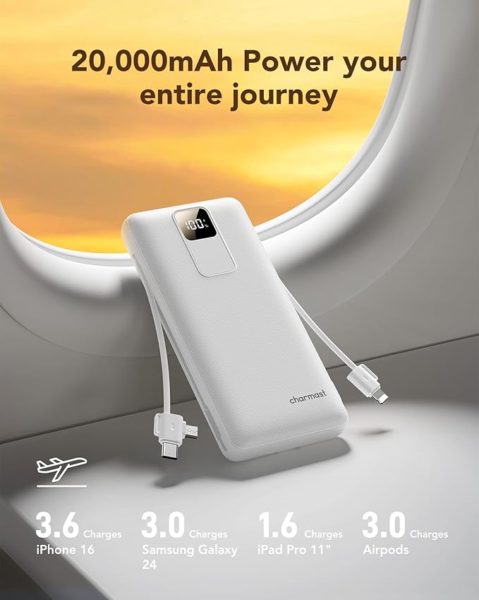 charmast 20000mAh Portable Charger with Built-in Cables & Wall Plug, 20W USB C Power Bank, Fast Charging Battery Pack Travel Essentials Compatible with iPhone 16/15/14 Series, Samsung, Google, iPad