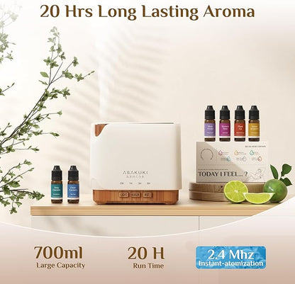 ASAKUKI Essential Oil Diffuser 700ml, Ultrasonic Aromatherapy Humidifier with Top 6 Essential Oils Set, 7 LED Colors, Timer & Auto-Off, Large Room Diffuser