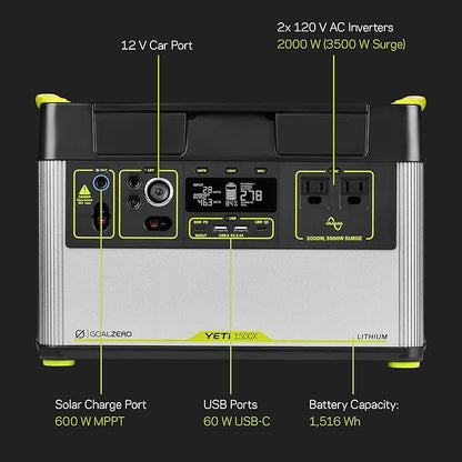 Goal Zero Yeti Portable Power Station - Yeti 1500X w/ 1,516 Watt Hours Battery Capacity, USB Ports & AC Inverter - Rechargeable Solar Generator for Camping, Travel, Outdoor Events, Off-Grid & Home Use
