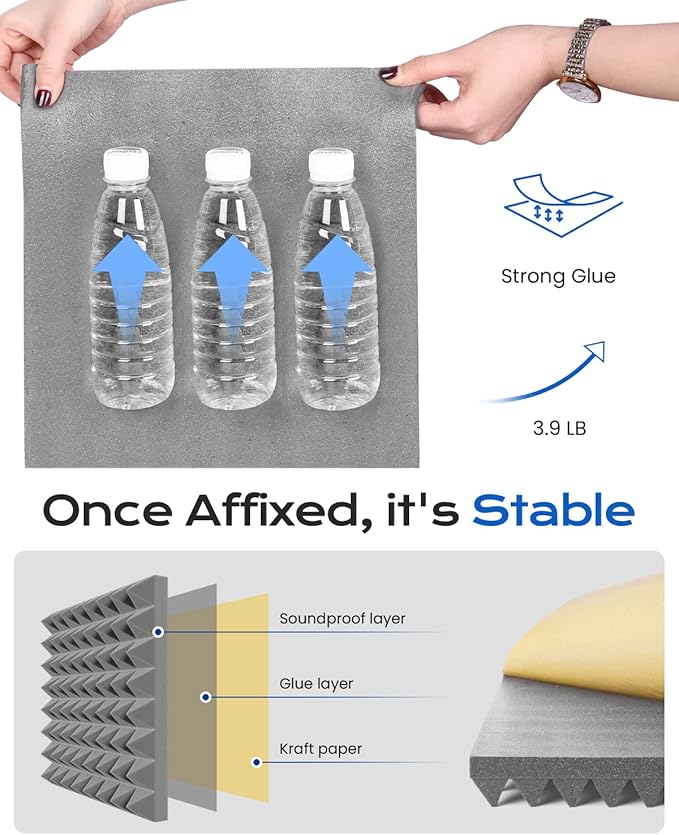 Sonicism Sound Proof Foam Panels for Walls Pyramid 48 Pack Self-Adhesive, 1" X 12" X 12" Acoustic Panels of 35kg/m³High Density Soundproof Wall Panels Fast Expand,Sound Absorption and Decoration(Gray)