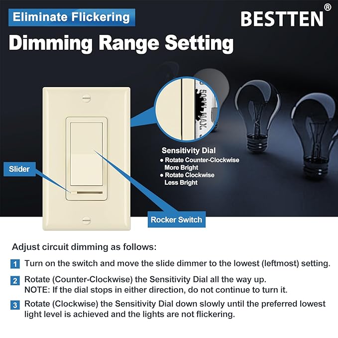 BESTTEN 10 Pack Almond Dimmer Light Switch, 3 Way or Single Pole Dimmer Switches, for Dimmable LED, Halogen and Incandescent Bulbs, 120V, Decorator Wall Plate Included, UL Listed