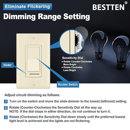 BESTTEN 10 Pack Almond Dimmer Light Switch, 3 Way or Single Pole Dimmer Switches, for Dimmable LED, Halogen and Incandescent Bulbs, 120V, Decorator Wall Plate Included, UL Listed