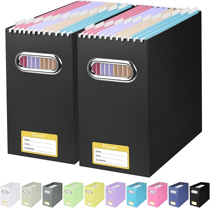 BALEINE File Organizer Box, Cardboard File Folder Organizer with Handle for Letter Size, Portable Collapsible Hanging Filing Box for Home Office Document Storage (2 Pack, Black)