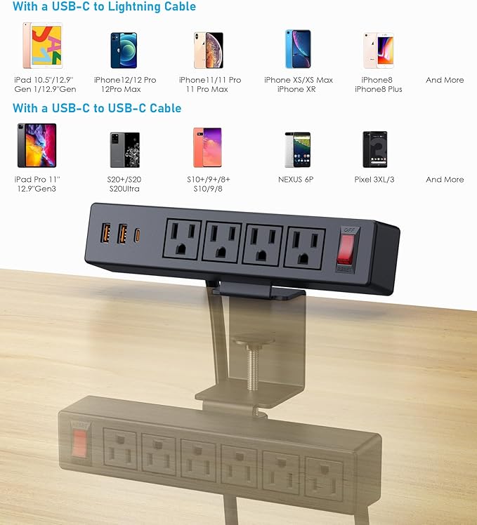 Desk Clamp Power Strip with PD20W USB-C, 2 in 1 Dual Layer Under Desk Power Strip, Removable Clamp Power Socket with 10AC Outlets & Switch, 10ft Extension Cord(ETL Listed)