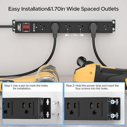 CRST 6 Outlet Heavy Duty Power Strip with Switch, 15A/1875W Metal Mountable Power Strip Surge Protector 2100Joules, Wide Spaced Power Bar for Garage Worshop Home School, 6 FT Cord