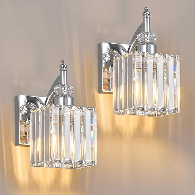 BBLLWJ Modern Wall Sconces Set of Two Chrome Wall Sconces Indoor Wall Lamp Crystal Wall Light Wall Mounted Room Sconce Wall Lighting Bathroom Vanity Light Fixtures