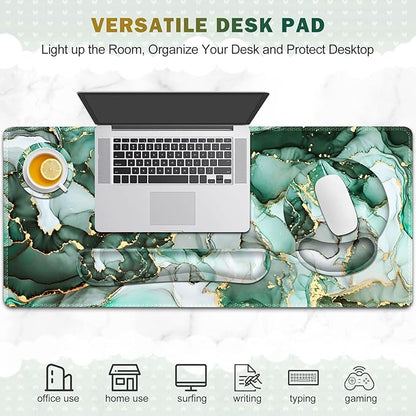 Gaming Mouse Pad, Large Desk Mat, Cute Desk Pad Protector, 4in1 XXL Mousepad + Keyboard Wrist Rest+Mouse Wrist Rest+Coaster Set with Ergonomic Desk Pad for Home Office PC Computer, Green Marble