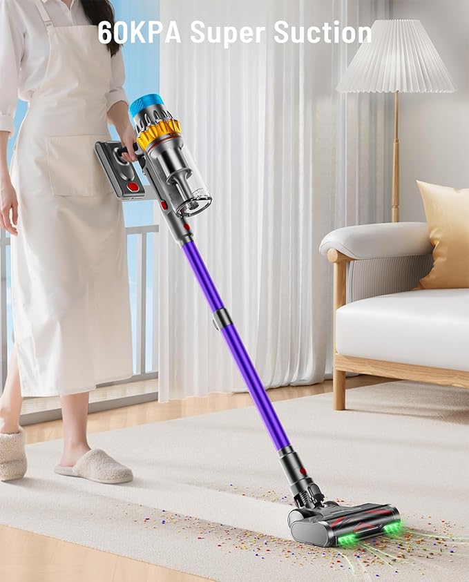 Cordless Vacuum Cleaner, 60KPA 75Min 650W Motor Powerful Vacuum Cleaners for Home, Self-Stand Cordless Stick Vacuum Rechargeable Anti-Tangle/LED Screen/1.8L Cup for Home Pet Hair/Carpet/Hardwood Floor