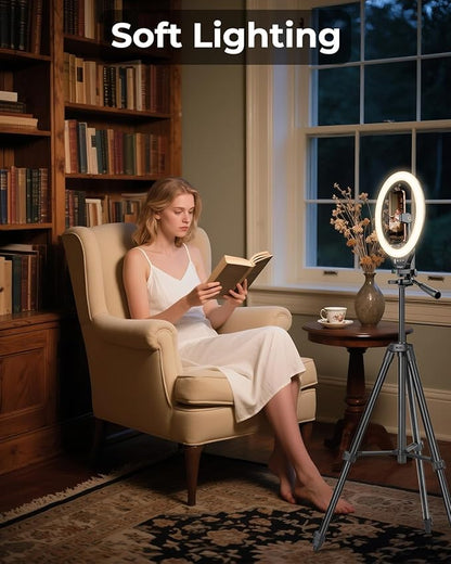 Sensyne 10'' Ring Light with 50'' Extendable Tripod Stand, LED Circle Lights with Phone Holder for Live Stream/Makeup/YouTube Video/TikTok, Compatible with All Phones