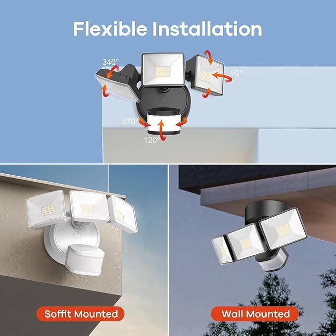 OREiN 10000LM Flood Lights Outdoor, 180°/75FT Motion Sensor Outdoor Lights 4 Modes Dimmable Dusk to Dawn Floodlights IP65 Waterproof for 8000SQ.FT Area for Big Patio, Driveway, Black (Hardwired)