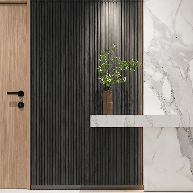 Art3d Slat Wood Wall Paneling for Interior and Ceiling Decoration - Pack of 4pcs + 1pc End-Trim, Size 108 x 5.7in.- Black