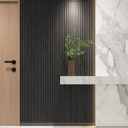 Art3d Slat Wood Wall Paneling for Interior and Ceiling Decoration - Pack of 4pcs + 1pc End-Trim, Size 108 x 5.7in.- Black