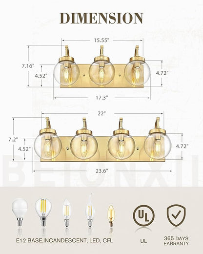 Beionxii 4-Light Bathroom Vanity Light Fixtures, 3 Light Brushed Gold Bathroom Light Fixtures with Clear Glass Shade, Modern Wall Sconces Lighting Over Mirror, Living Room, Hallway, BX-VL03BG-4CG
