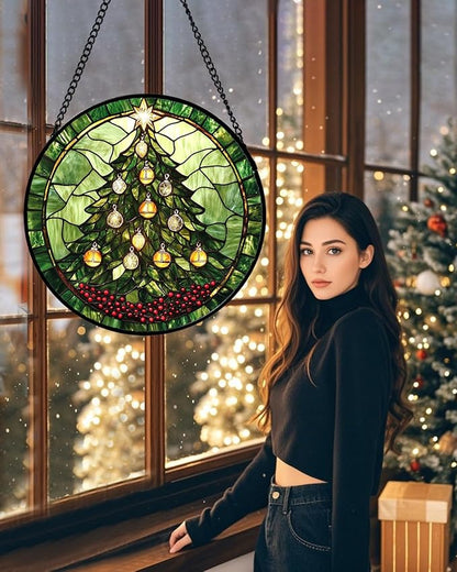DASTOLL Stained Glass Window Hanging - Green Christmas Tree Golden Bells Suncatcher for Doors Home Christmas Decoration Sun Catcher Thanksgiving New Year Birthday Gift for Women Men Mom Nana 7.8 in