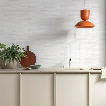 Vamos Tile 4-Piece Glossy Dolomite White Peel and Stick Backsplash Tile,3''x6'' PVC Subway Tile with White Grout, Stick on Backsplash for Kitchen/Bathroom/Fireplace