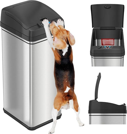 iTouchless 50 Liter / 13 Gallon Sensor 2.0 Dog-Proof Kitchen Trash Can with Lid Lock and AbsorbX Odor Filter, Touchless Lid, Stainless Steel Garbage Recycling Bin for Kitchen, Home, Office, Business