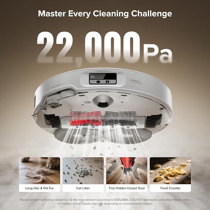 roborock Qrevo CurvX Robot Vacuum and Mop, 22,000Pa Suction, 3.14’’ Ultra Slim, Zero-Tangling Design, Reactive AI Obstacle Recognition, AdaptiLift Chassis, Auto Hot Water Mop Washing & Drying