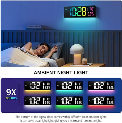 Digital Wall Clock Large Display 16", Digital Clock with 11 RGB Colors Changing Remote Control, LED Clocks with Night Lights for Living Room Bedroom Office Classroom Decor, Auto DST (Multicolor)