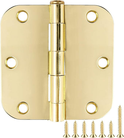 6 Pack Rounded Door Hinges 3.5 inch X 3-1/2" 5/8 Radius, Polished Brass 3 ½ Inch Gold Interior Standard Hinge for Bedroom Wood/French Style Clear Glass Doors Easy Install Hardware Decor Accessories