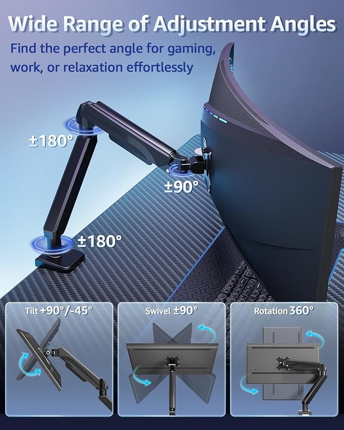 MOUNTUP Heavy Duty Single Monitor Arm for 42 40 39 34 32 27Inch Screens, Monitor Stand for Desk Supports 4.4-33 lbs, Height Adjustable Ultrawide Monitors Mount with C-Clamp & Grommet Base
