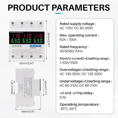 KNMIPJD Over Under Voltage Protection Device, 110V 63A Adjustable Circuit Breaker with LED Display for Real-Time Monitoring of Voltage, Current, Power, Home Commercial Electrical Safety（4P 63A）