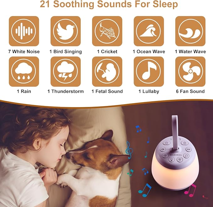 Upgraded Travel White Noise Sound Machine for Baby Adult, Portable Sleep Machine with Night Light and 21 Soothing Sounds, Timer and Memory Function, for Home Office Yoga Meditation Relaxing