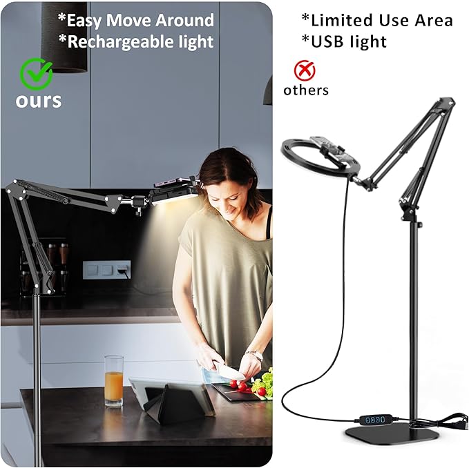Floor Overhead Phone Tripod with Rechargeable Light for Cooking Videos, Move Around Phone Stand with Ring Light Content Creator Video Recording Selfie Photography TikTok Youtube Compatible with iPhone
