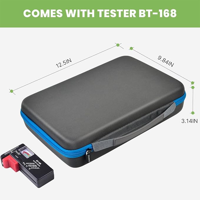 Battery Organizer Storage Holder Case Box with Tester Checker BT-168. Holds 225 Batteries AA AAA C D Cell 9V 3V Lithium (Blue)