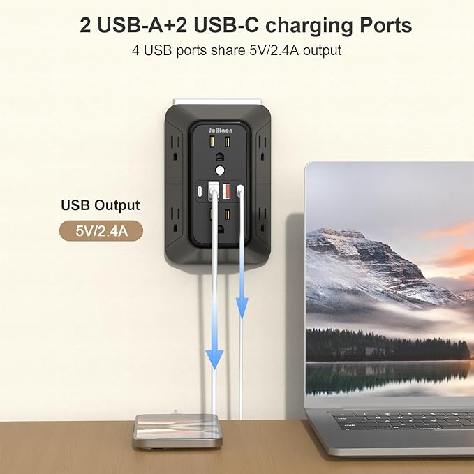 JcBlaon Outlet Extender Surge Protector - 6 Outlet Splitter with 4 USB Ports (2 USB C), Multiple Plug Expander Wall Charger, 3 Sided Multi Plug Wall Adapter Power Strip for Home Office Kitchen Travel