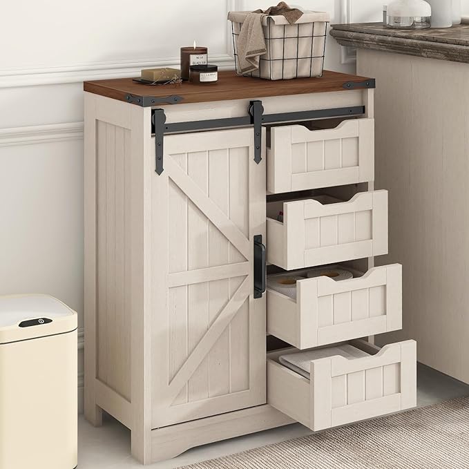 Farmhouse Bathroom Storage Cabinet, Bathroom Cabinet with 4 Drawers and Sliding Door, Farmhouse Floor Storage Organizer for Kitchen, Living Room, Rustic Style, White