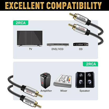 Elecan Premium RCA Cable 4 Ft (Hi-Fi Sound-16 AWG-Shielded) 2 RCA Male to 2 RCA Male Stereo Audio Cable, Gold Plated-Aluminum Alloy Shell-Pure Copper-Braided RCA Cord for Home Theater Speakers + Ties