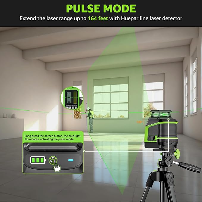 Huepar 360° Laser Level with Tripod 60in, 82Ft - 165Ft Self Leveling Laser Level with Pulse Mode, 3 Brightness Levels Rechargeable Li-ion Battery Green Line Laser Leveler Tool for DIY Indoor Project