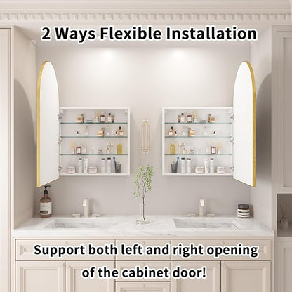 Gold Medicine Cabinet Mirror,Left or Right Opening,Arched Medicine Cabinet Mirror Wall Mounted,Bathroom Mirror with Storage, Adjustable Shelves, Not Recessed, 16x32 inch