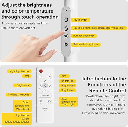 Bright LED Eye-Protecting Reading Floor Lamps with Touch and Remote Dimming 3000-6000k for Eyelash Manicure Craft Drawing Makeup Living Room Bedroom Office, Adjustable Gooseneck Modern Standing Light