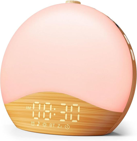 ecozy Wood Grain Sunrise Alarm Clock, White Noise Sound Machine, Music-Sync Lights, Upgraded Backlit Buttons for Bedrooms, 26 Soothing Sounds, 17 Night Lights, Wake Up Light for Heavy Sleepers